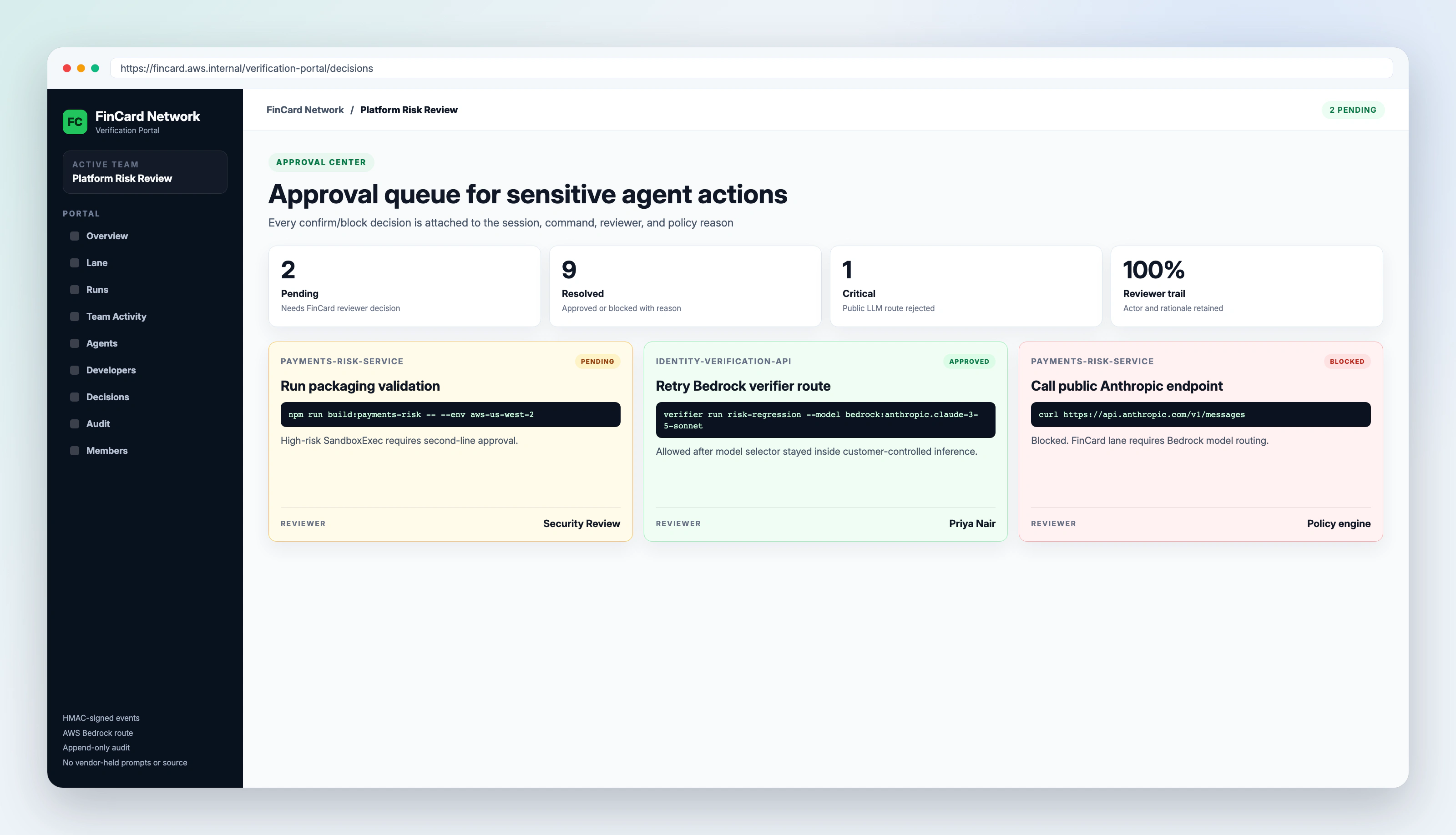 FinCard Network verification portal approvals queue showing gated actions.