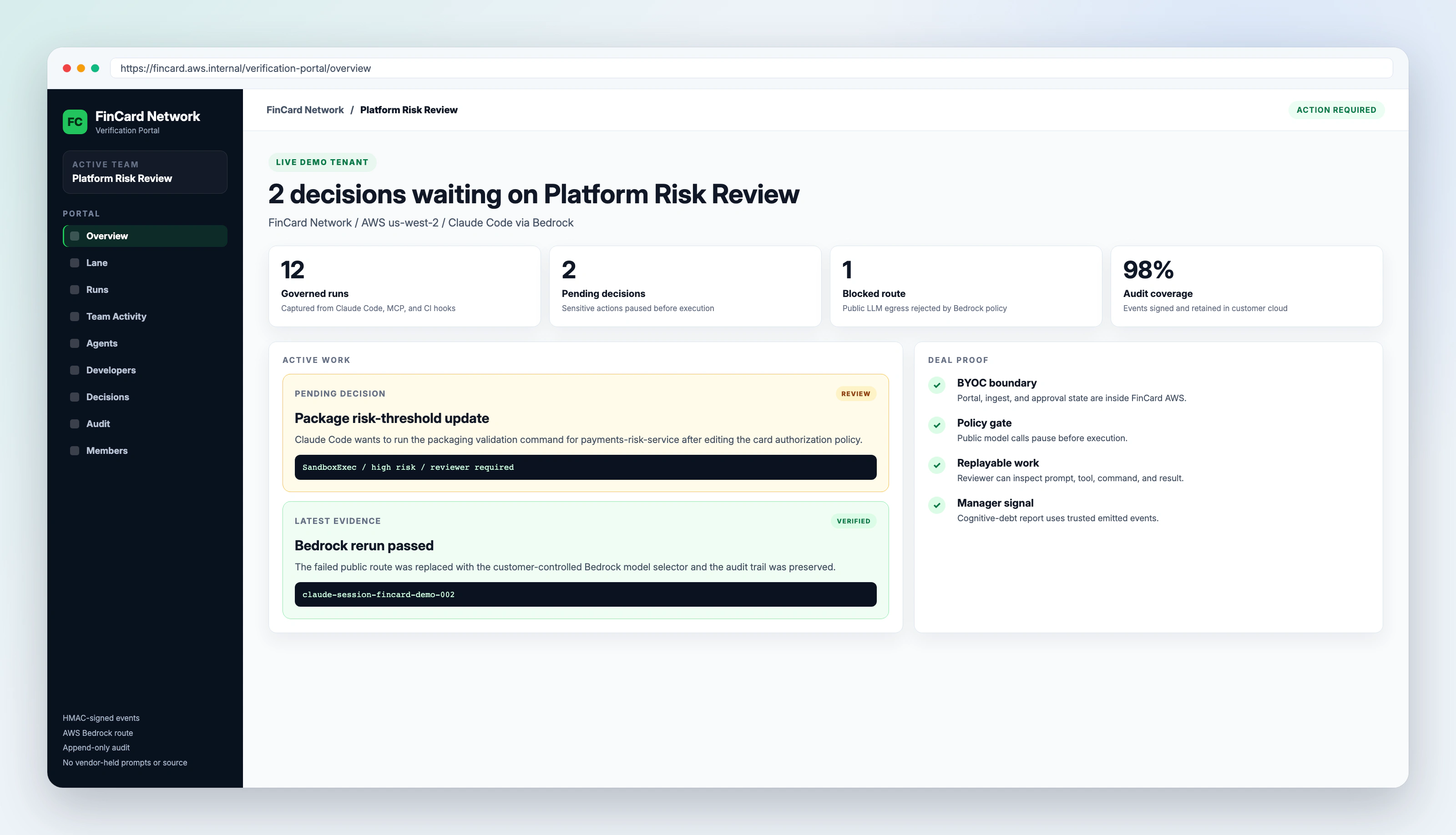 Verification portal overview for the fictional FinCard demo workspace, showing agent health and pending decisions.
